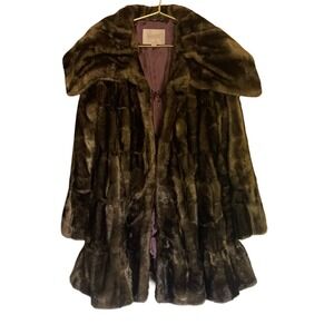 Laundry Shelli Segal Brown Faux Fur Coat Ruffle Hem Lined Size L